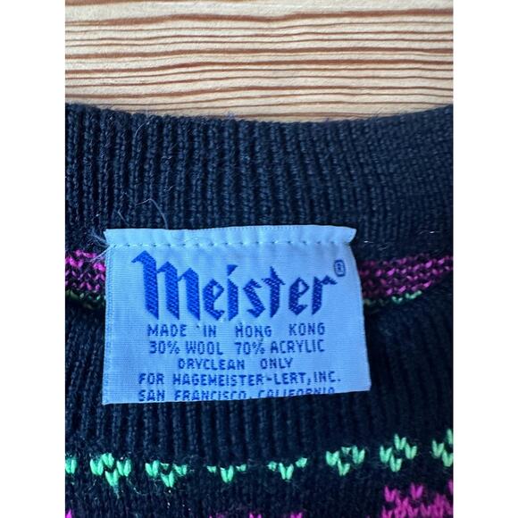 VTG 80s CHRISTMAS SWEATER Girl Meister Wool Blend Black Blue Pink Reindeer Top - Picture 3 of 6